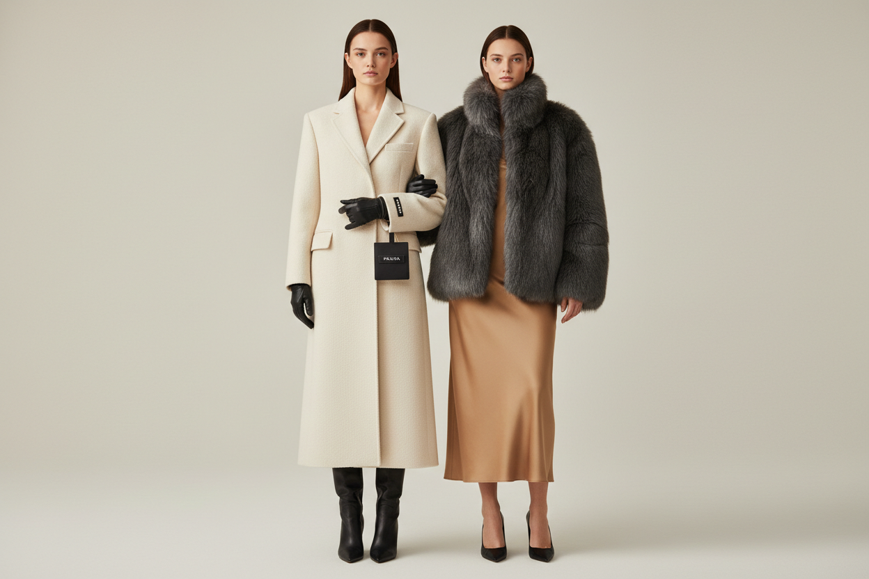 create 2 women model wearing winter overcoat and faux jacket