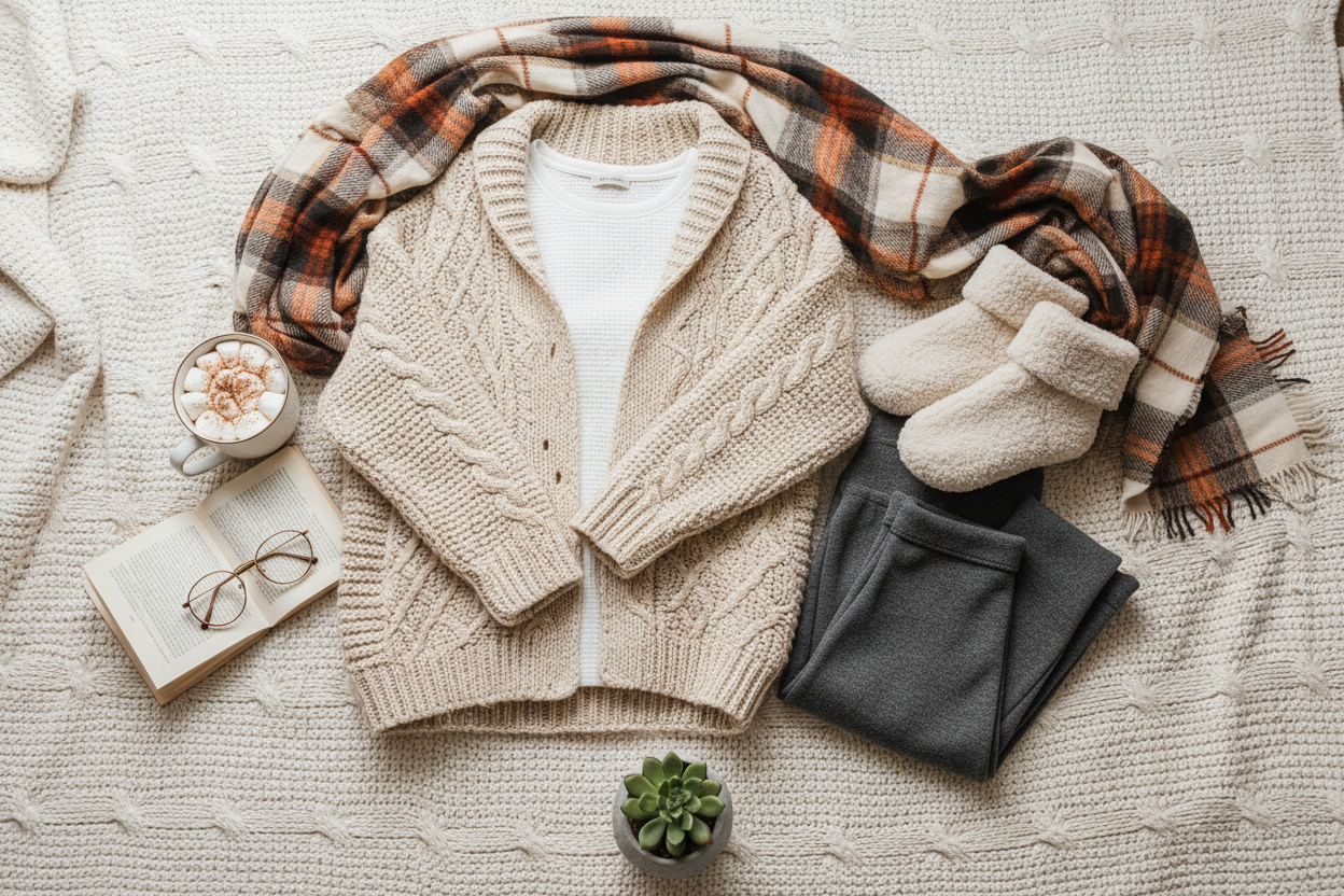 create women winter cozy outfits in Flat lay beautifully